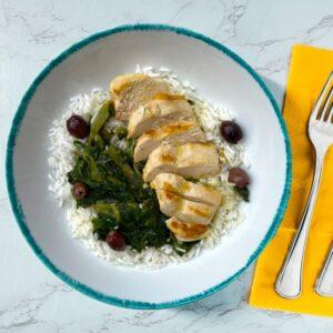 Petto di pollo grigliato con riso basmati, scarole ed olive - 330 g